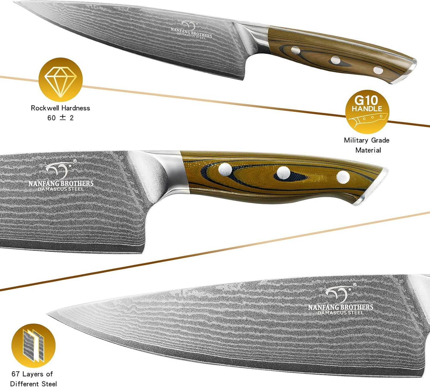 Kitchen Damascus Knife Set, 9-Piece Kitchen Knife Set with Block, Non-slip G10 Ergonomic Triple Rivet Handle for Chef Knives, Knife Sharpener and Kitchen Shears, Natural Wood Block (Brown/Grey)