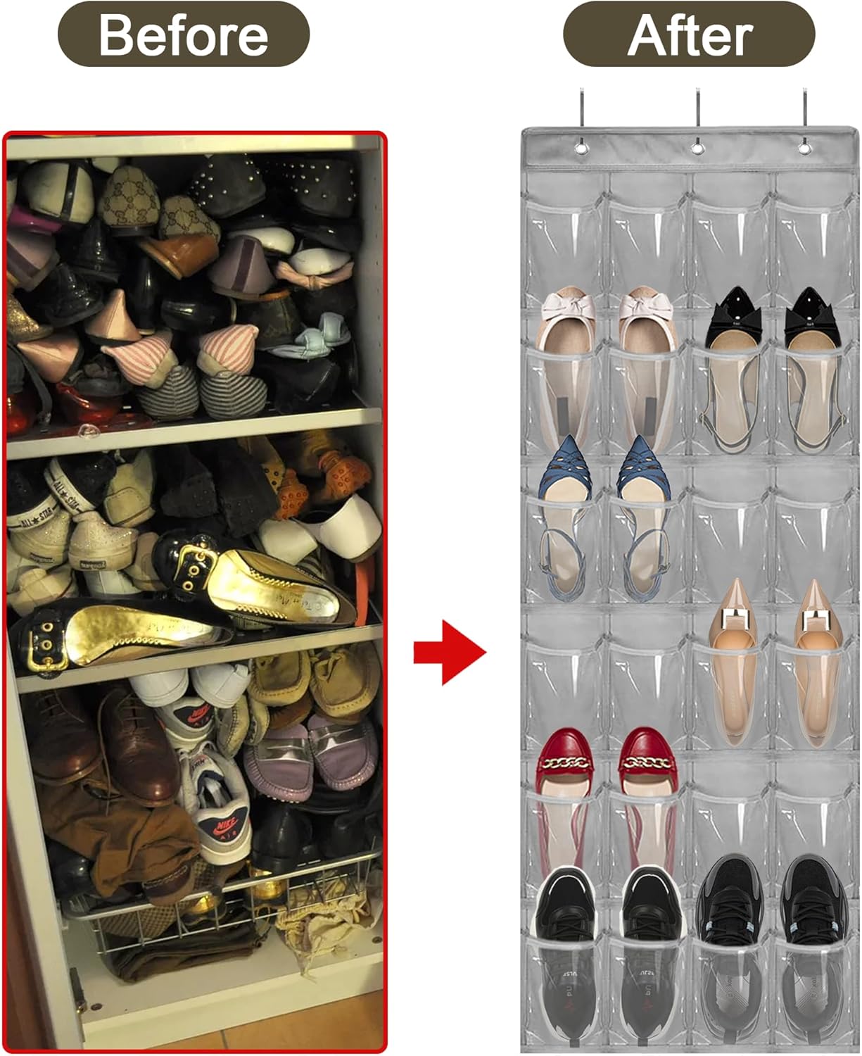 Over The Door Shoe Organizer - Space Saving Shoe Rack for Closet Door with 24 Pockets and Hook, Shoe Holder Back of Door Organizers for Shoes, Gray Hanging Shoe Organizer (Gray)