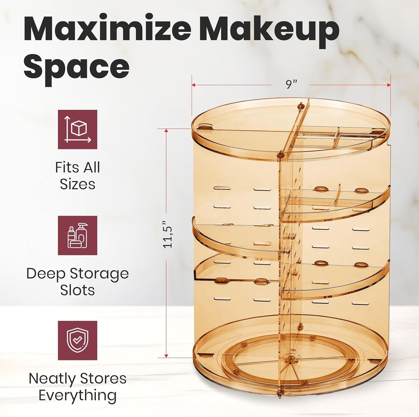 Masirs 360 Rotating Makeup Organizer - Adjustable Shelf Height and Fully Rotatable - The Perfect Round Spinning Cosmetic Organizer for Bedroom Dresser or Vanity Countertop Storage (Brown)