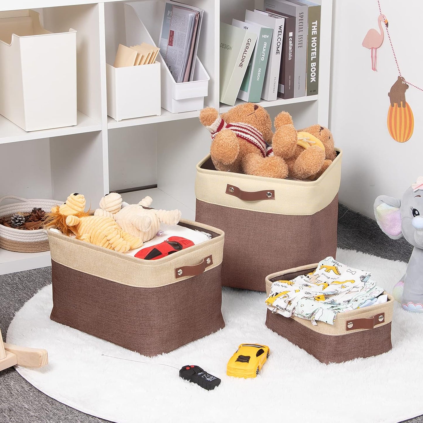 HNZIGE Large Fabric Storage Bins (3 Pack) Canvas Baskets for Storage Clothes Toys, Closet Baskets with Handles for Organizing Baby Nursery Closet Shelves Organization(Gold&Brown, 15" X 11" X 9.5")