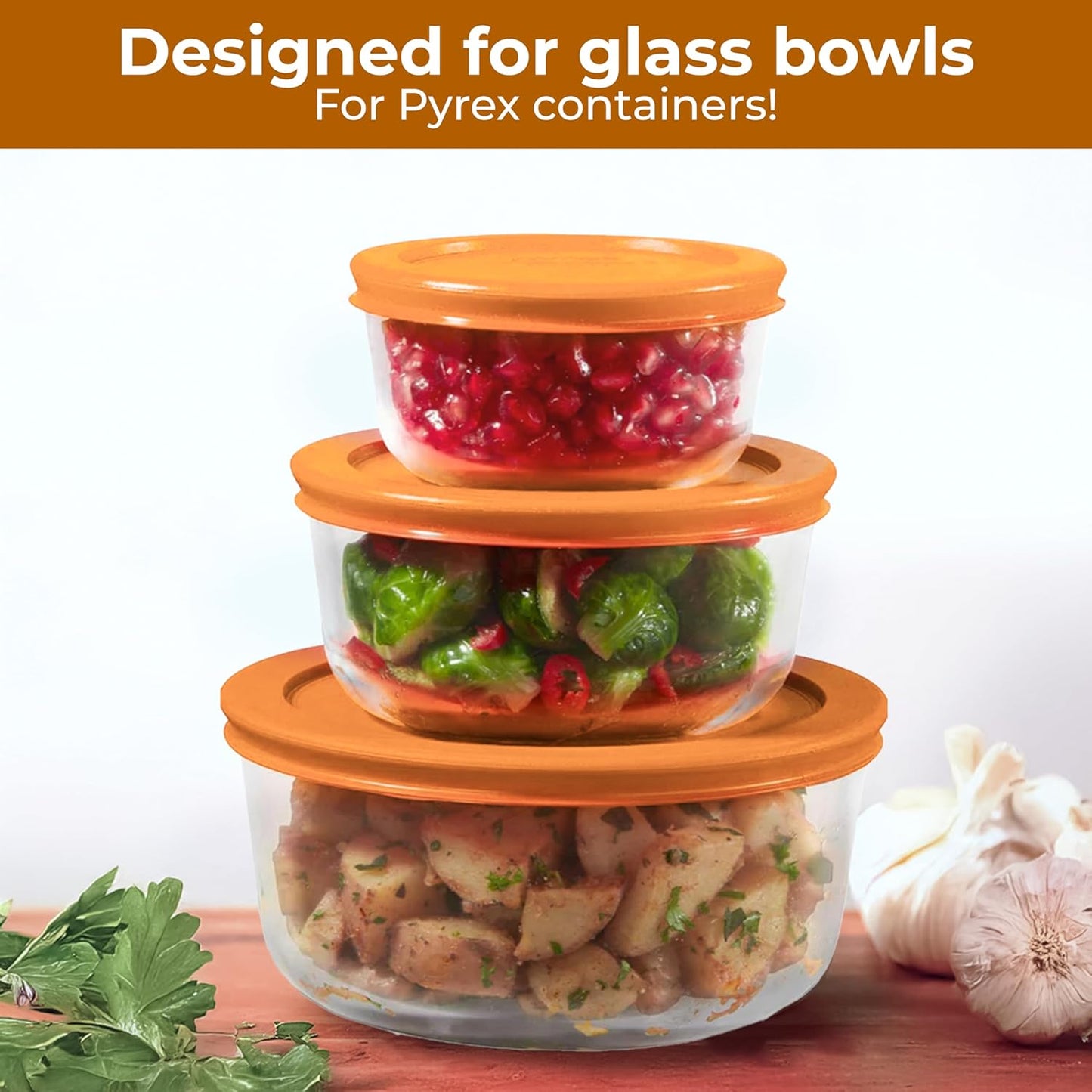 Lids for Pyrex and Anchor Round Glass Containers (4-Cups, Orange-4PK)