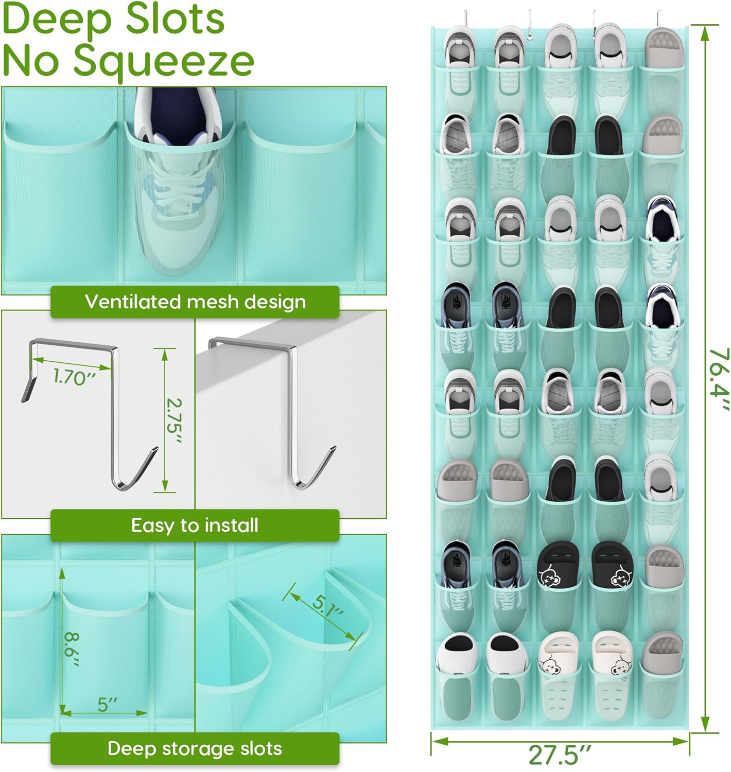 Unjumbly Over the Door Shoe Organizer with 40 Large Breathable Mesh Pockets, Space Saving Shoe Holder, Hanging Shoe Rack for Entryway Bedroom Closet Storage (Mint Blue, 40 Pockets)