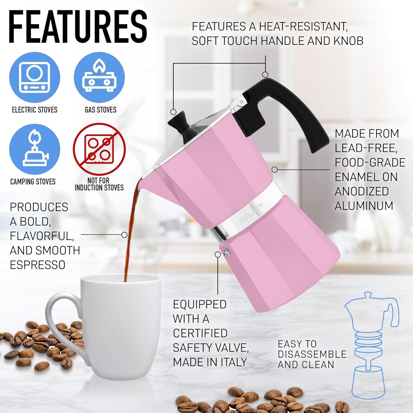 Zulay Moka Pot Espresso Stovetop Coffee Maker - Leak-Proof, Stainless Steel, Easy to Clean, Heat Resistant Handle & Knob - for Authentic Cuban & Italian Style Espresso - Makes 3 Espresso Cups - Pink