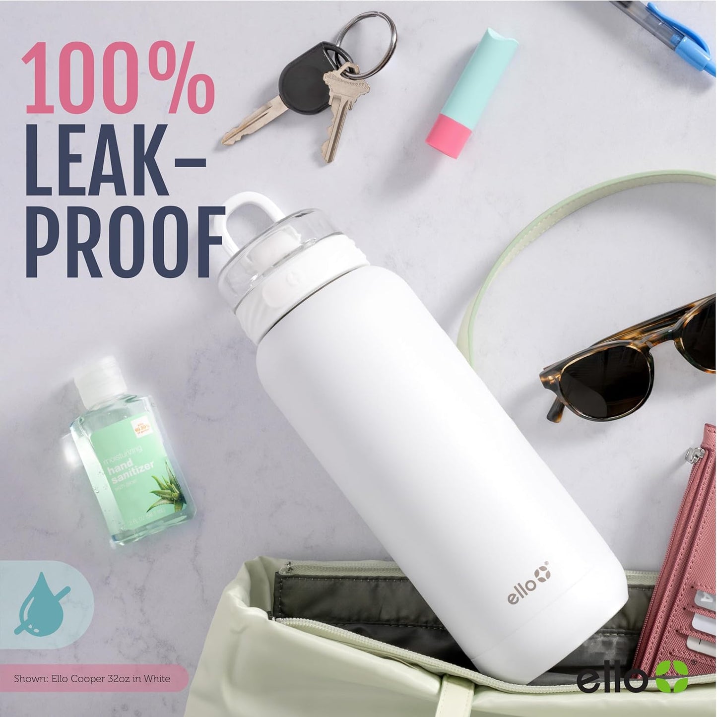 Ello Cooper 32oz Stainless Steel Water Bottle with Straw and Carry Handle, Double Walled and Vacuum Insulated Metal, Leak Proof Locking Lid with Soft Silicone Spout, Reusable, BPA Free, Antigua