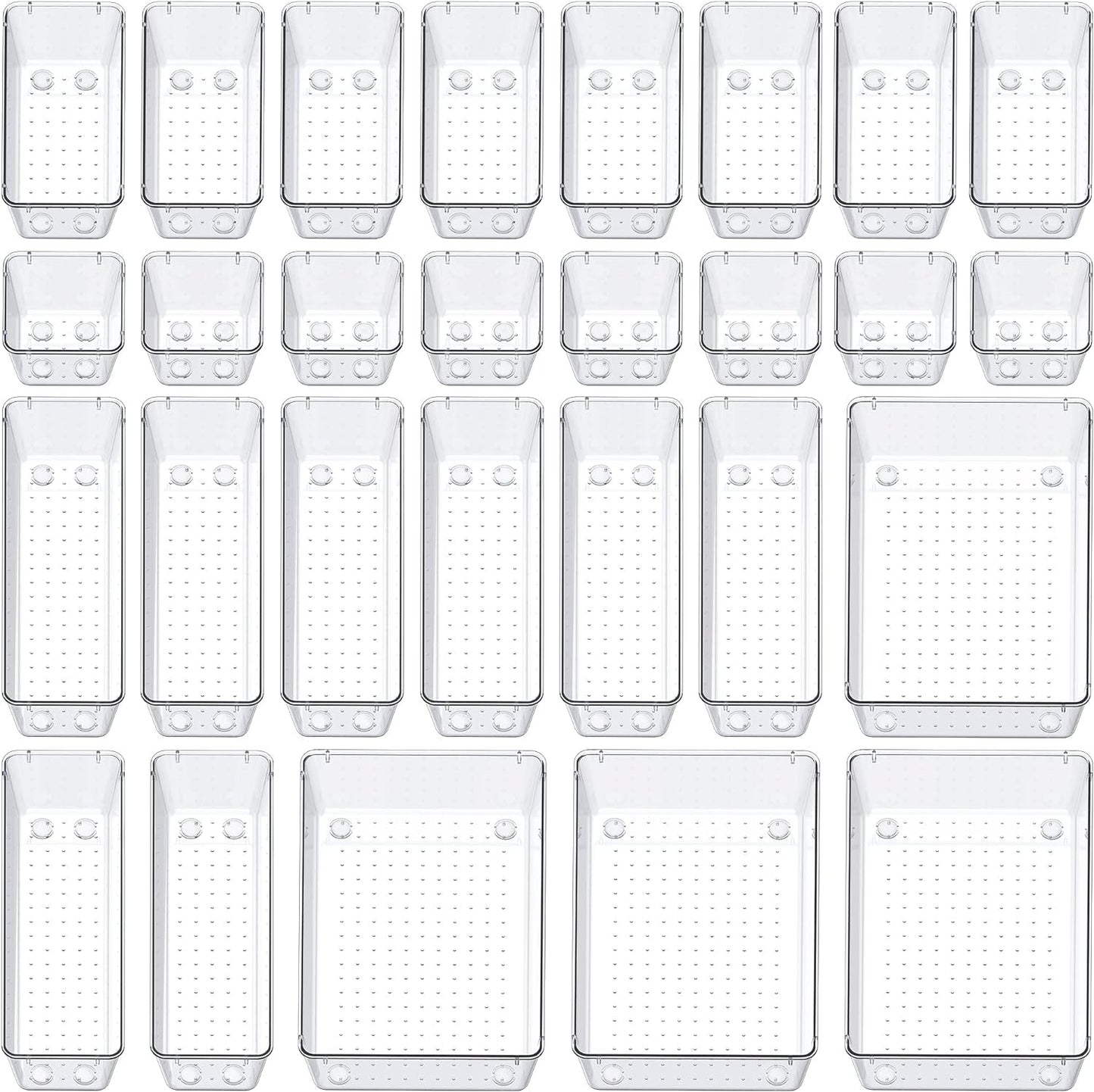 SMARTAKE 28 Piece Drawer Organizers with Non-Slip Silicone Pads, 4-Size Desk Drawer Organizer Trays Storage Tray for Makeup, Jewelries, Utensils in Bedroom Dresser, Office and Kitchen, Clear