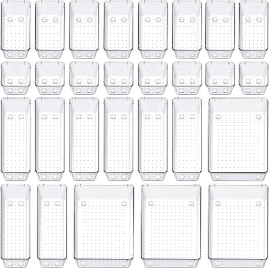 SMARTAKE 28 Piece Drawer Organizers with Non-Slip Silicone Pads, 4-Size Desk Drawer Organizer Trays Storage Tray for Makeup, Jewelries, Utensils in Bedroom Dresser, Office and Kitchen, Clear