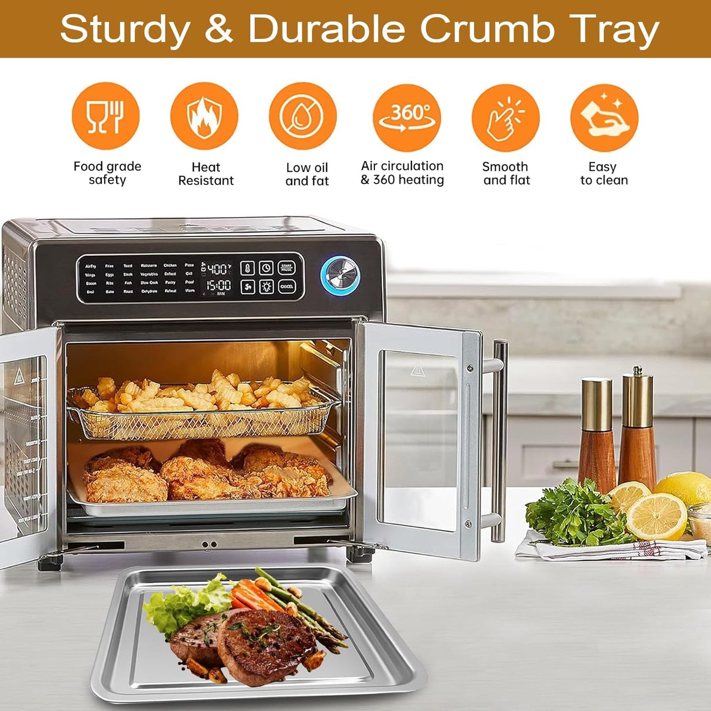 5-Pack Air Fryer Replacement Set for Emeril Lagasse 26QT, Includes Non-Stick Baking Pan, Basket, Air Fryer Rack, 2 Mats & 100 Parchment Papers, Stainless Steel Bakeware Set