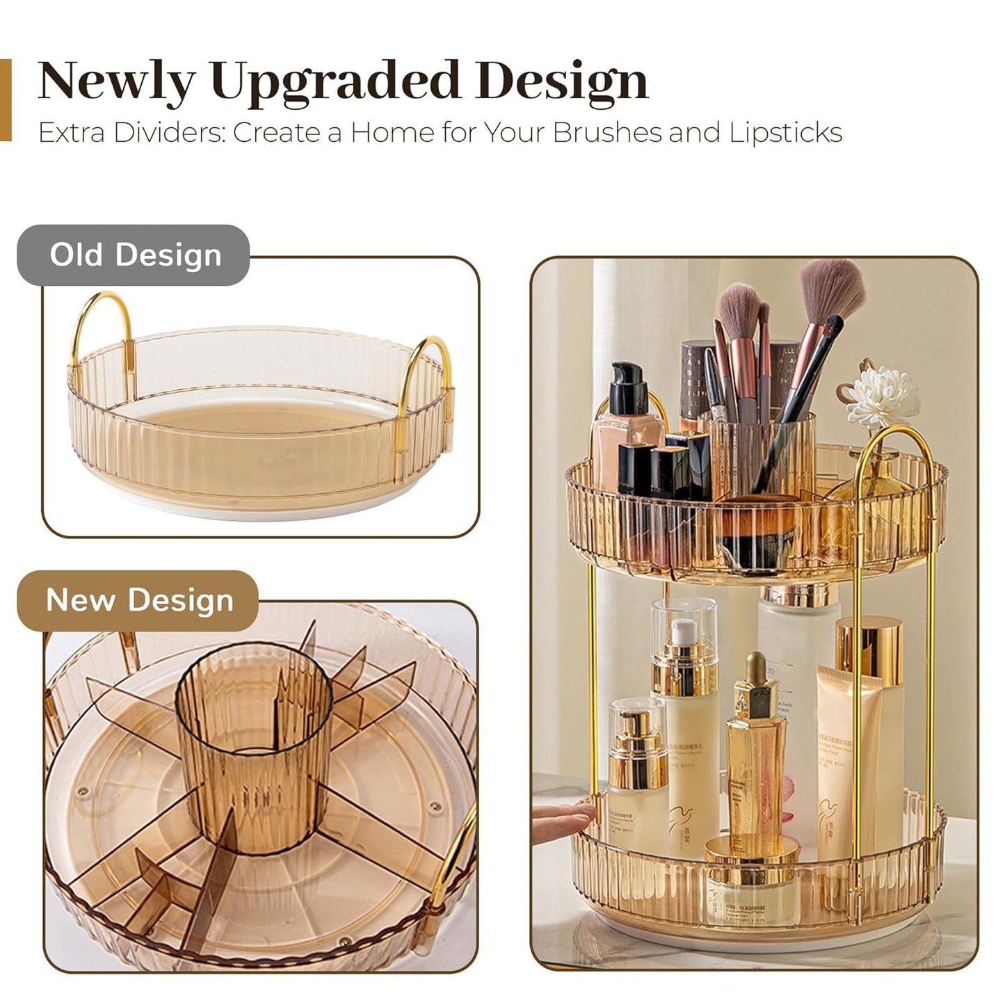 Aveniee 360 Rotating Makeup Organizer for Vanity, Upagraded Perfume Skincare Bathroom Counter Organizers with Brush Divider, Two Tier Spinning Lipstick CosmeticLotion Storage,Gold