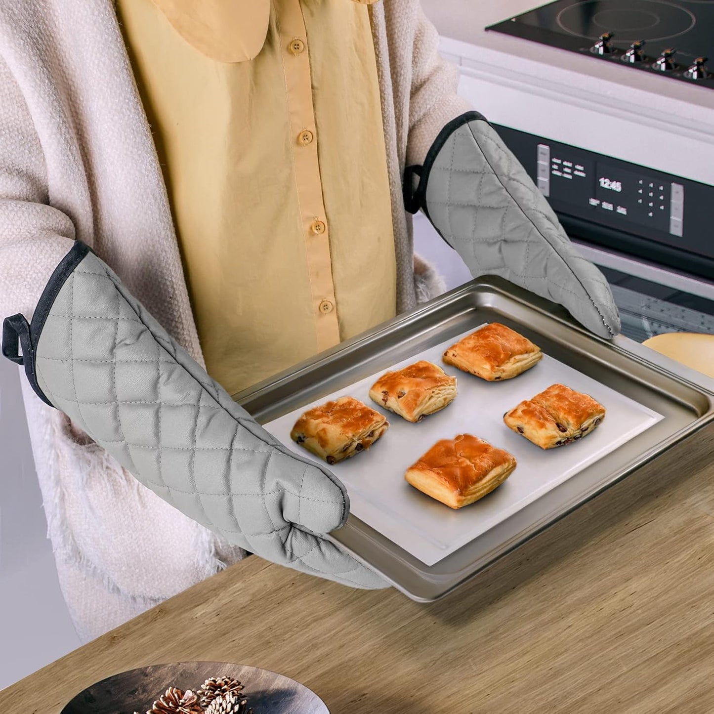 ARCLIBER Oven Mitts 2 Pairs of Quilted Terry Cloth Cotton Lining,Extra Long Professional Heat Resistant Kitchen Oven Gloves,16 Inch,Gray