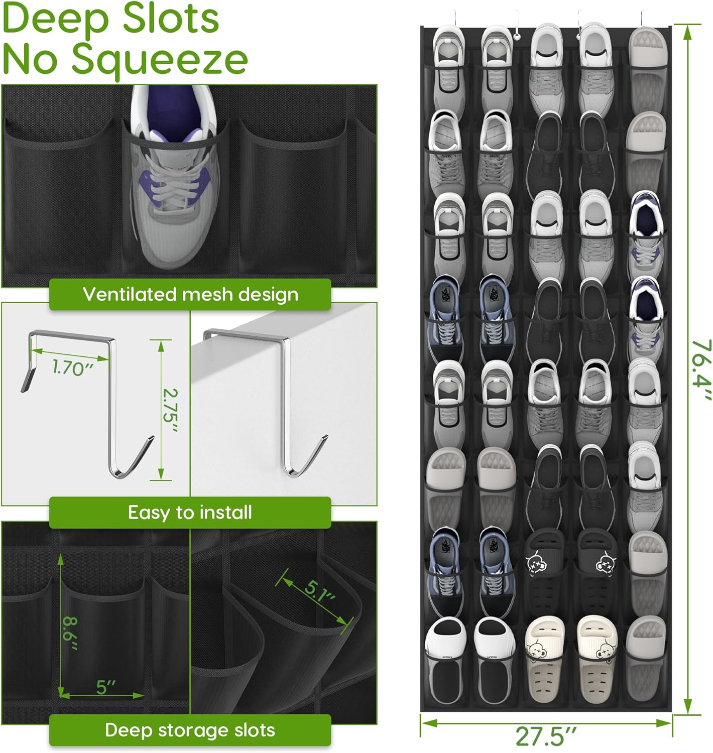 Unjumbly Over the Door Shoe Organizer with 40 Large Breathable Mesh Pockets, Space Saving Shoe Holder, Hanging Shoe Rack for Entryway Bedroom Closet Storage (Black, 80 Pockets)