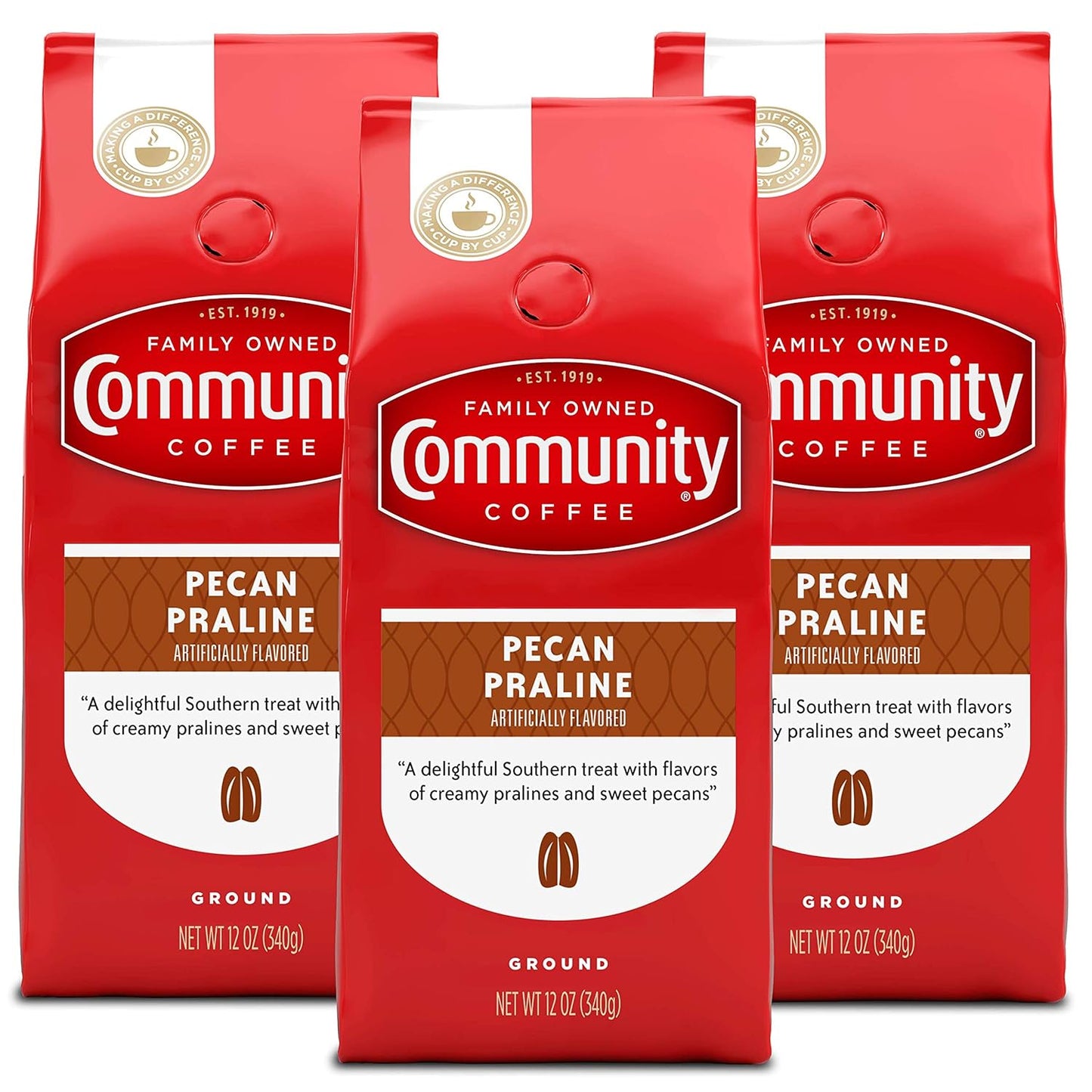 Community Coffee Medium Roast Ground Coffee | Pecan Praline Flavored | 12 Ounce Bag | Pack of 3