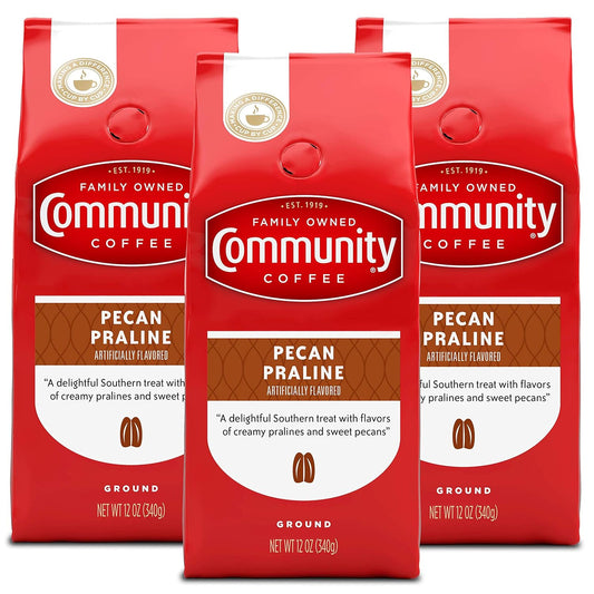 Community Coffee Medium Roast Ground Coffee | Pecan Praline Flavored | 12 Ounce Bag | Pack of 3