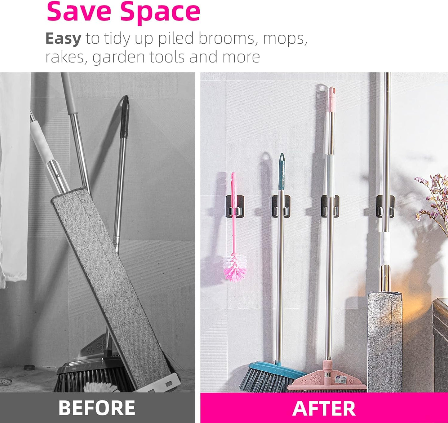 8 Pack Broom Holder Wall Mount, Improved Super Anti-Slip Mop and Broom Holder Wall Mount, Broom Hanger Gripper for Kitchen, Bathroom, Closet, Garden Garage, Black