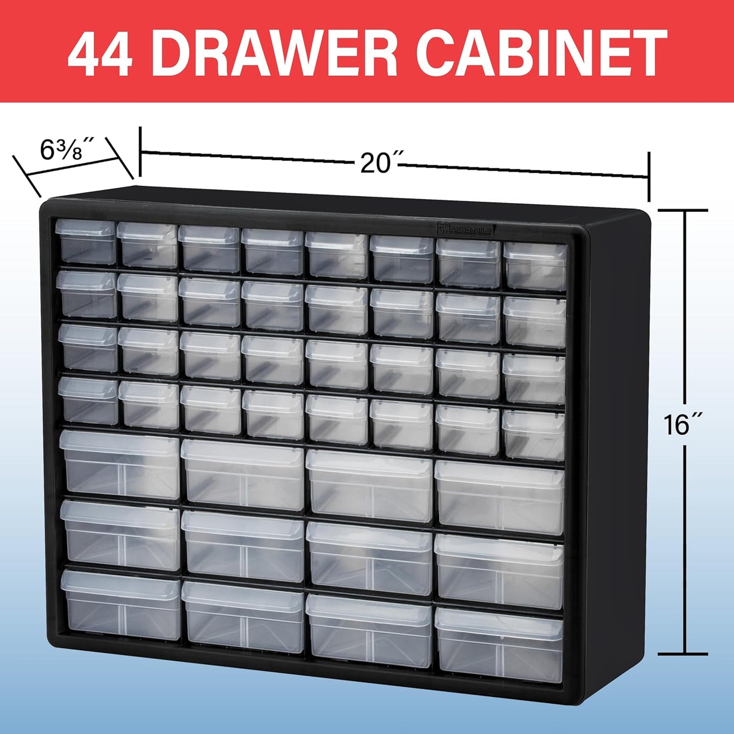 Akro-Mils 44-Drawer Plastic Drawer Storage Cabinet for Garage Organization, Bead Organizer, Building Bricks Storage, Teacher Toolbox, Makeup Organizer, 20" W x 6" D x 16" H, 10144 Black