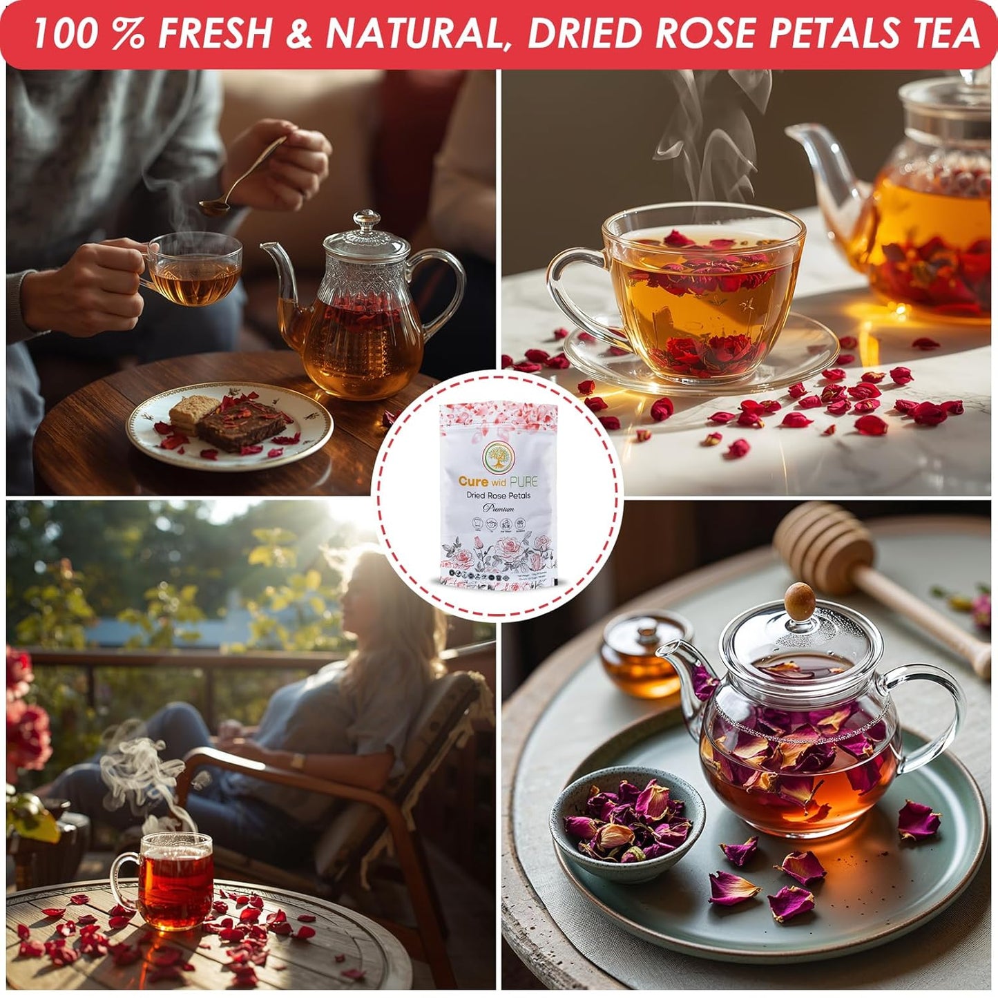 Cure Wid Pure Certified Organic Dried Rose Petals 4 oz Food-Grade Edible Rose Petals for Tea,Cocktails,Baking,Skincare & DIY - Sun-Dried,Non-GMO,Gluten & Chemical-Free Edible Flowers in Resealable Bag