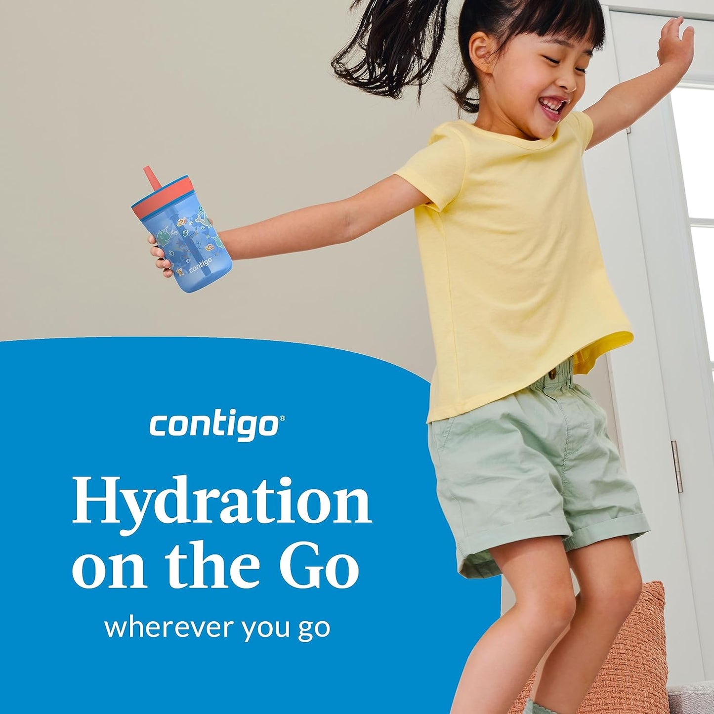 Contigo Kids’ Leighton Straw Tumbler with Spill-Proof Leak-Proof Lid 14oz Blue Poppy/Narwhals