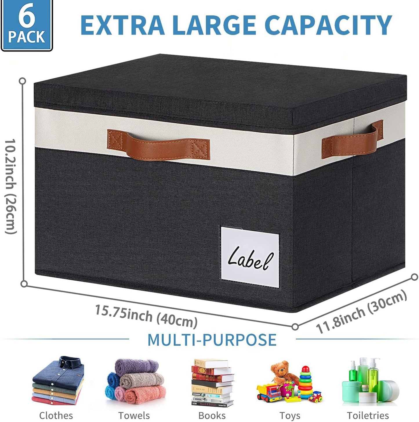 GhvyenntteS Extra Large Storage Bins with Lids, Foldable Fabric Storage Boxes with Lids and 3 Leather Handles, Storage Baskets with Label Window (6 Pack, Black, 15.75" x 11.8" x 10.2")
