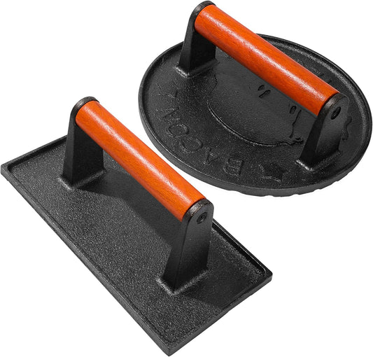 vivicreate 8.5 inch Rectangle & 7 inch Round Smash Burger Hamburger Smasher Patty Maker cast Iron Grill Weight Bacon Press Wood Handle prensa de hamburguesas prensa de Hierro fundido