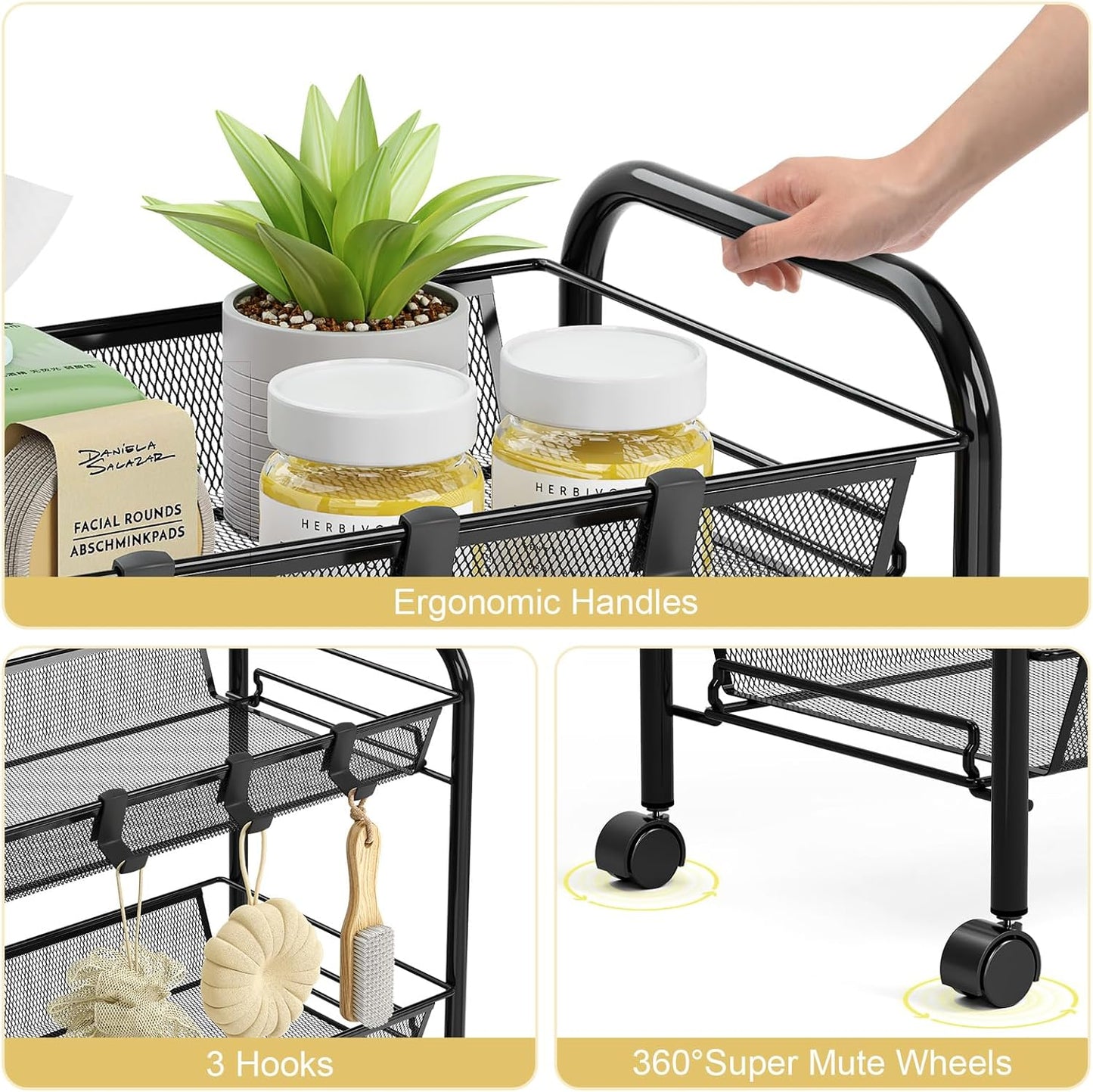 TOOLF 3-Tier Metal Rolling Cart, Mesh Wire Easy Assemble Utility Cart, Storage Trolley on Wheels with 3 Hooks, MetalStorage Shelving Units for Kitchen Bathroom Laundry Room