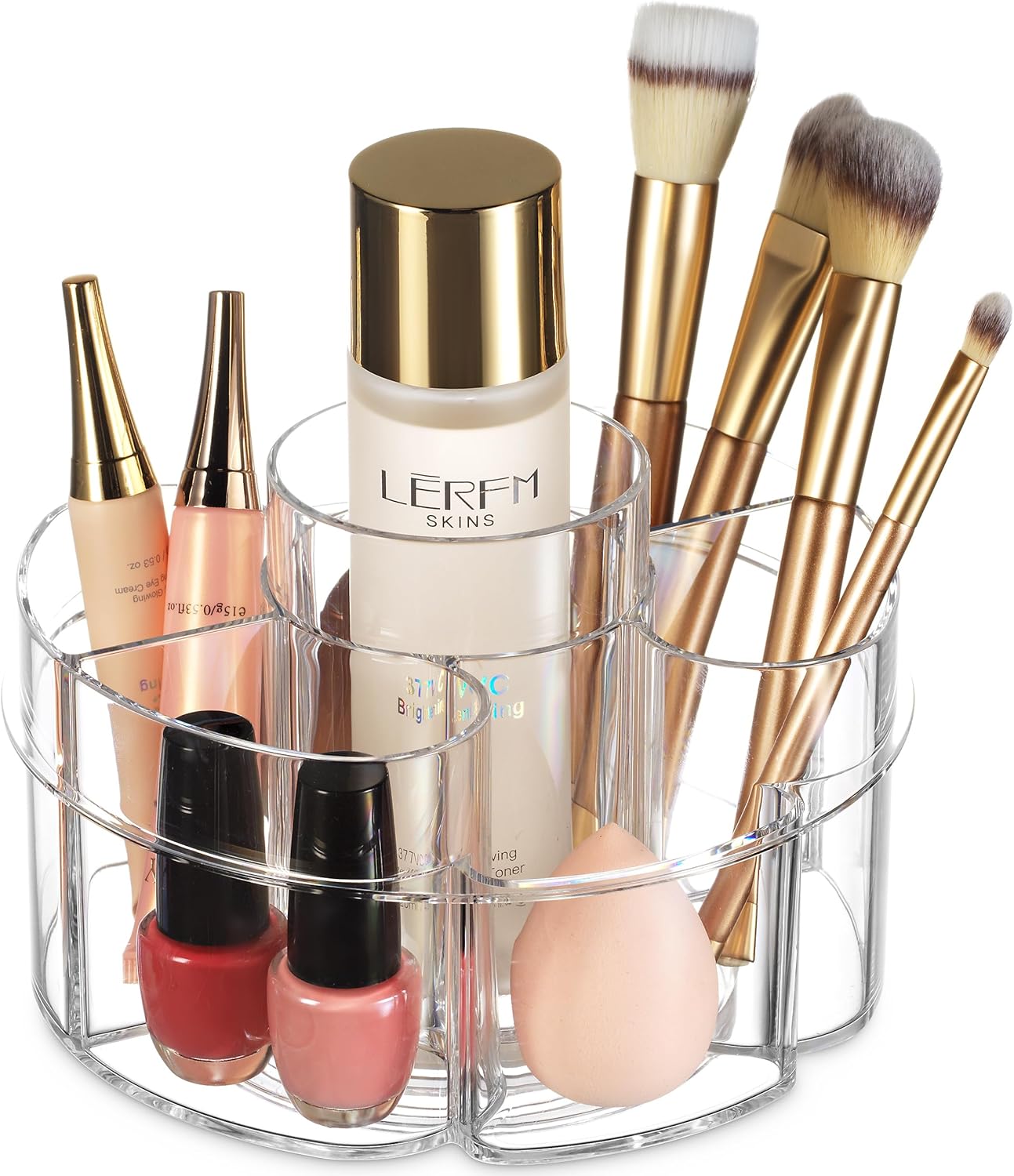 Masirs Small Rotating Makeup Organizer - Mini Yet Spacious Cosmetic Storage Solution with Multiple Compartments - The Perfect Spinning Make-Up Caddy for Vanity or Bathroom Counter (Round - Clear)