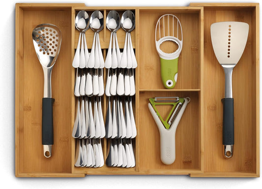 Joseph Joseph DrawerStore Expanding Silverware, Flatware, Utensil & Gadgets Organizer, Expandable in Drawer Space Saving Tray, Bamboo