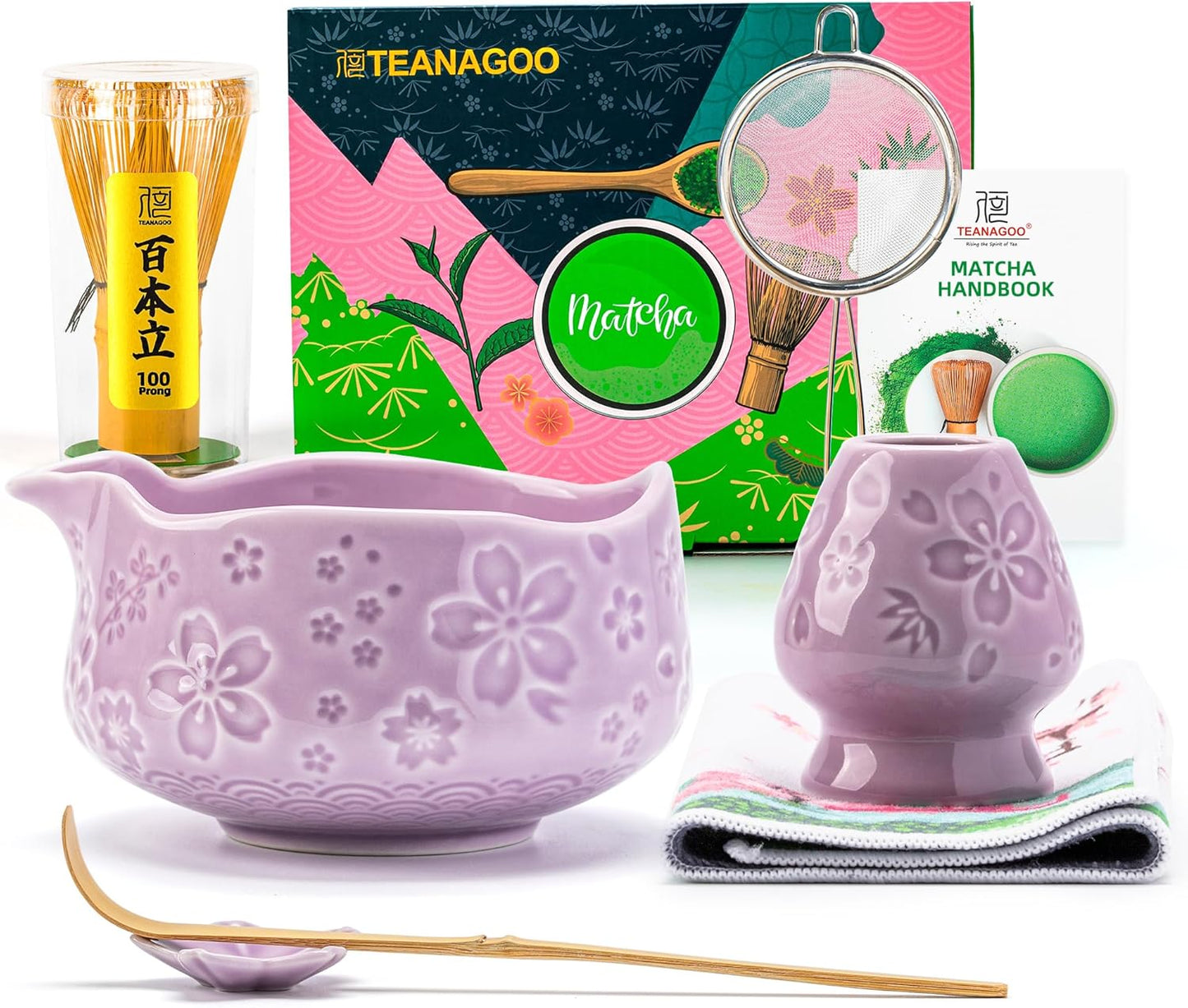 TEANAGOO 7-PCS Purple Matcha Whisk Set with Cherry Blossom Design, Complete Ceremony Kit, Ceramic Chawan Bowl with Spout, Whisk & Accessories, Traditional Matcha Tea Set for Lattes& Gift Giving