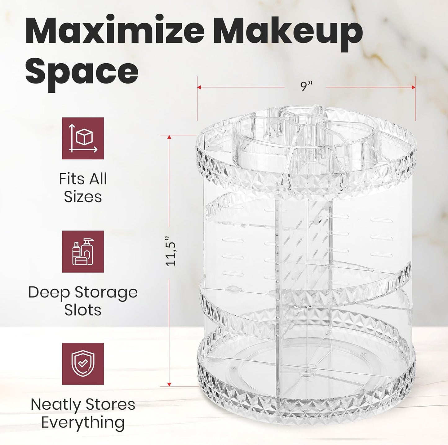 360 Rotating Makeup Organizer Diamond Design - Adjustable Shelf Height and Fully Rotatable - The Perfect Round Spinning Cosmetic Organizer for Bedroom Dresser or Vanity Countertop Storage (Clear)