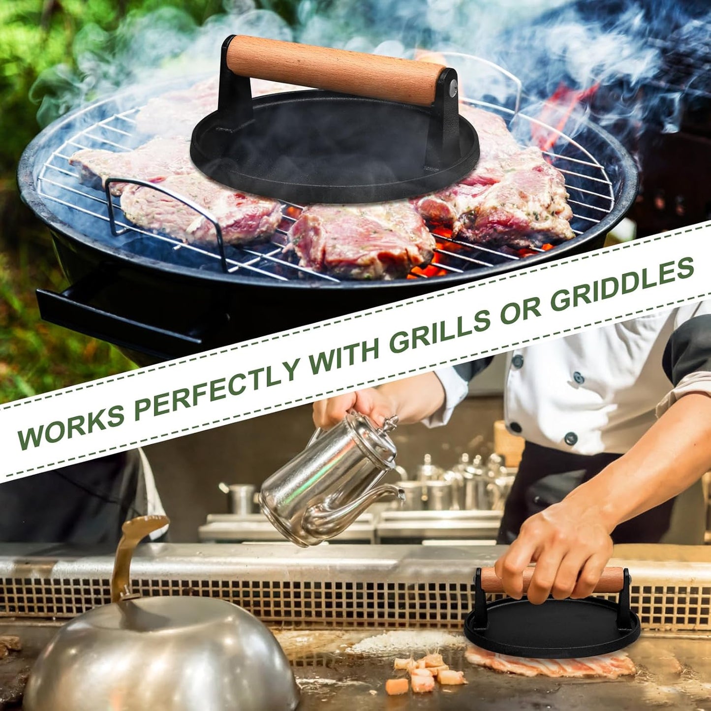 EWFEN Cast Iron Smash Bacon Press Meat Steak with Wood Handle, Burger Press(Round with Flat Bottom)