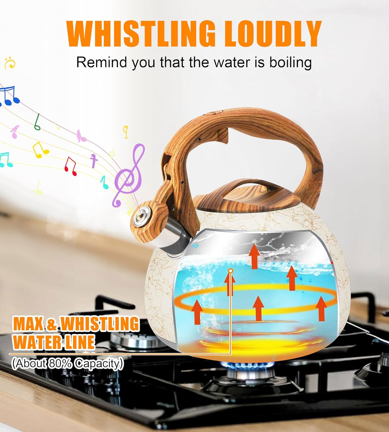 3.2 Quart Whistling Tea Kettle Stovetop, Stainless Steel Tea pot with Wood Grain Handle, Loud Whistle Kettle for Boiling Water, Coffee & Milk, Easy-Pour Spout Classic Design (Off-white)