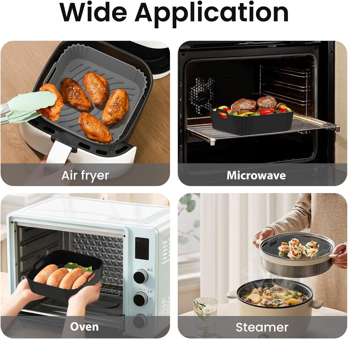 Redfly 2 Pack Silicone Air Fryer Liners, Square Reusable Non-Stick Basket Inserts for 6-8 QT Air Fryers, Dishwasher Safe Parchment Paper Replacement Accessories Gray & Black