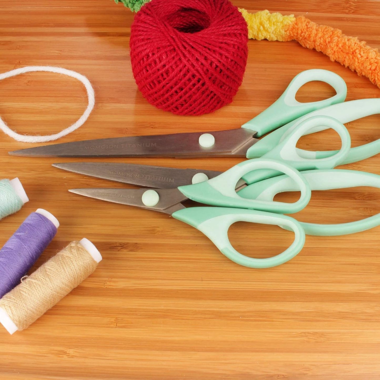 BambooMN Titanium Softgrip Scissors Set for Sewing, Arts, Crafts, Office - 3 Sets of 3 - Mint Green