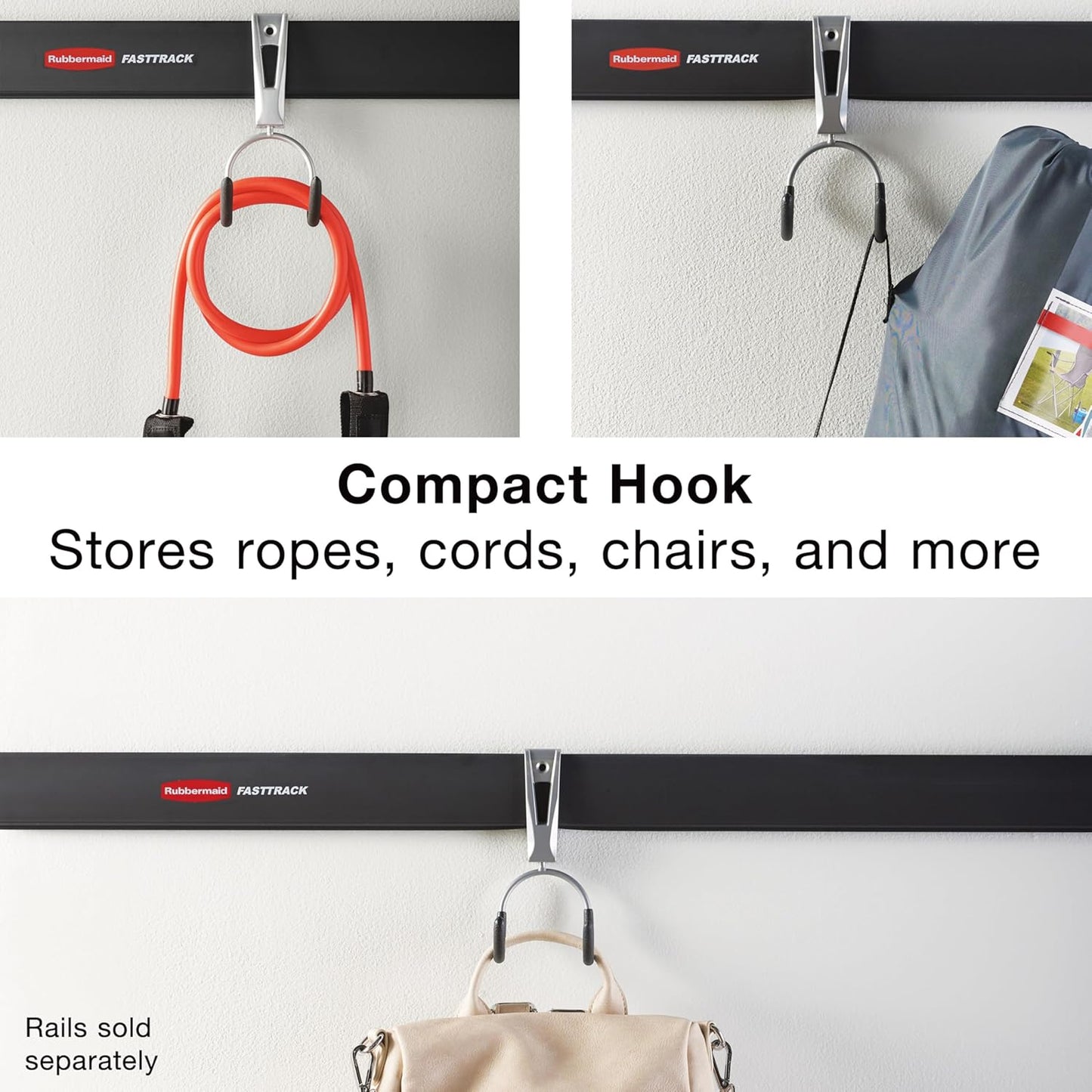 Rubbermaid FastTrack Compact Hook for Garage Organization, Soft Grip, Ideal For Cords/Ropes/Small Hoses/Camping Chairs