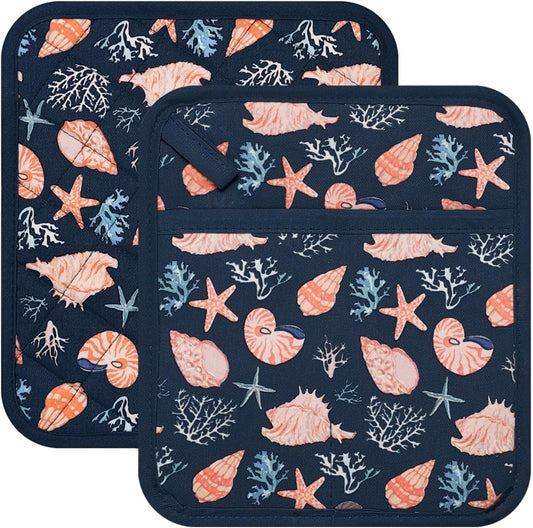 Pot Holders Set of 2 Heat Resistant 480℉ Kitchen 100% Cotton Comfortable Lining Printing Cowry Flower Women Men Home Cooking Baking Microwave BBQ Gift (Cowry potholders)
