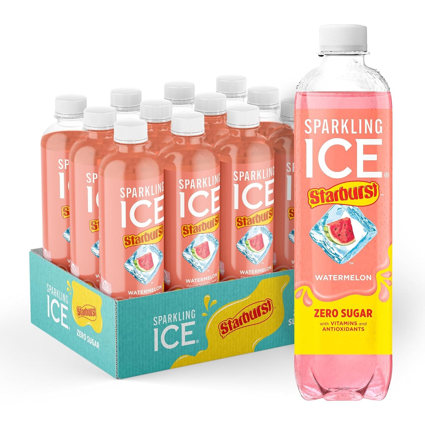 Sparkling Ice STARBURST Watermelon, Zero Sugar Flavored Sparkling Water, with Vitamins and Antioxidants, Low Calorie Beverage, 17 fl oz Bottles (Pack of 12)