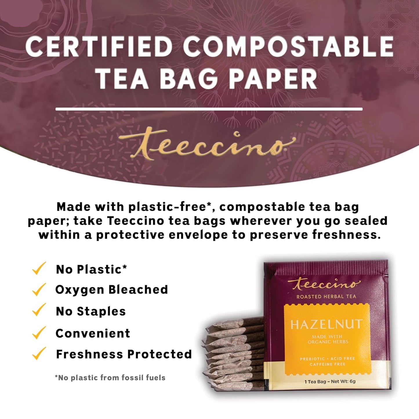 Teeccino Hazelnut Herbal Tea - Rich & Roasted Herbal Tea That’s Caffeine Free & Prebiotic for Natural Energy, 25 Tea Bags (Pack of 3)