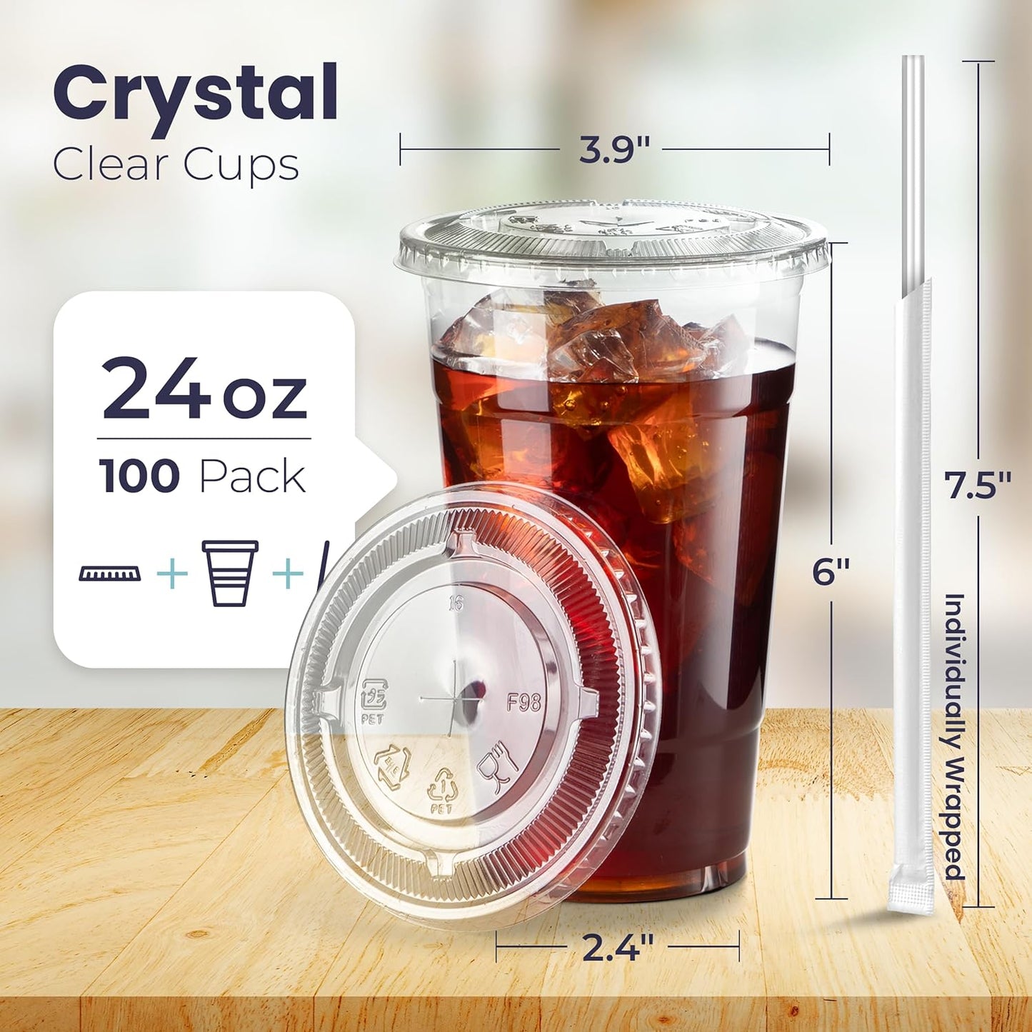 Fit Meal Prep 100 Pack 24 oz Plastic Iced Coffee Cups with Flat Lids and Clear Straws, Disposable Clear Cup, BPA Free Cup for Party, Smoothie, Cold Drinks, Juice, Milkshake, Bubble Boba, Tea