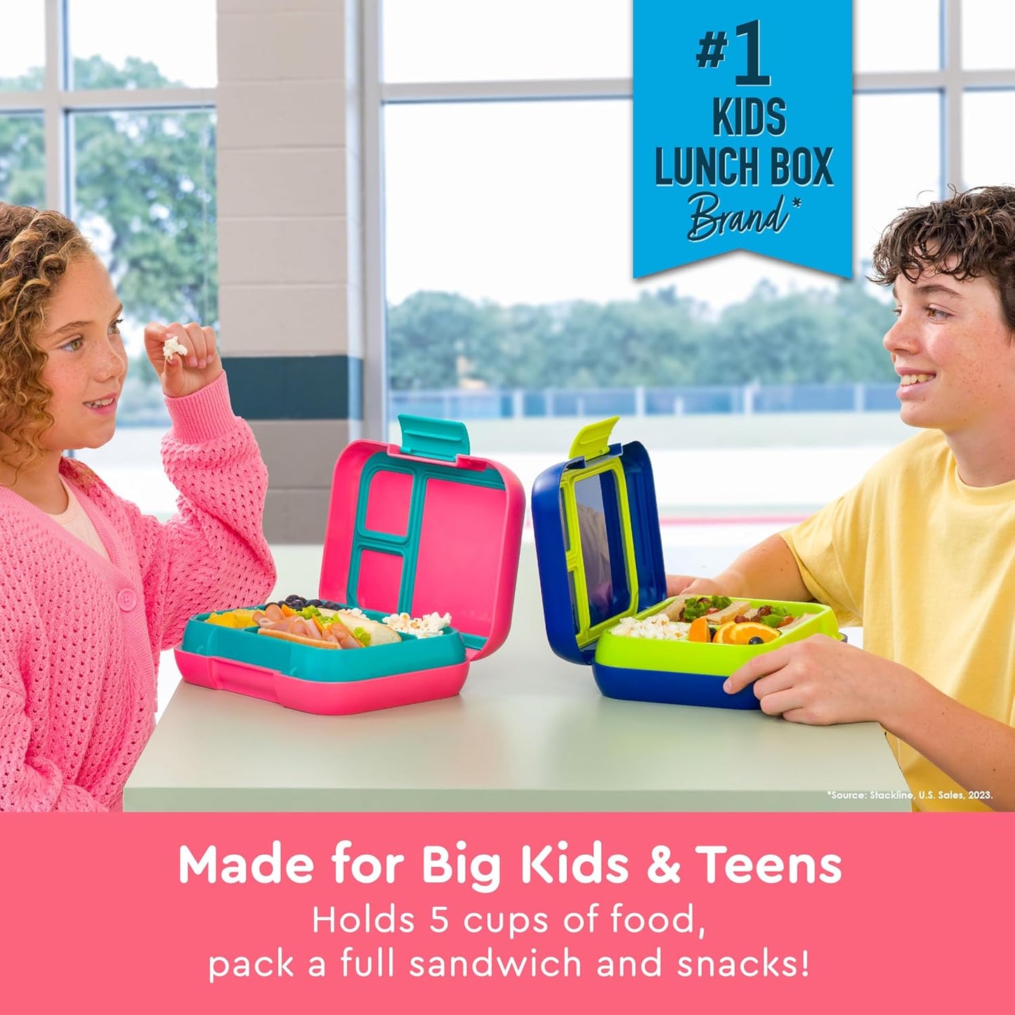 Bentgo Pop - Leak-Proof Lunch Box & Removable Divider for Ages 8+ & Teens - Lunch Container Holds 5 Cups of Food; 3-4 Compartments; Microwave/Dishwasher Safe; 2 Year Warranty (Bright Coral/Teal)