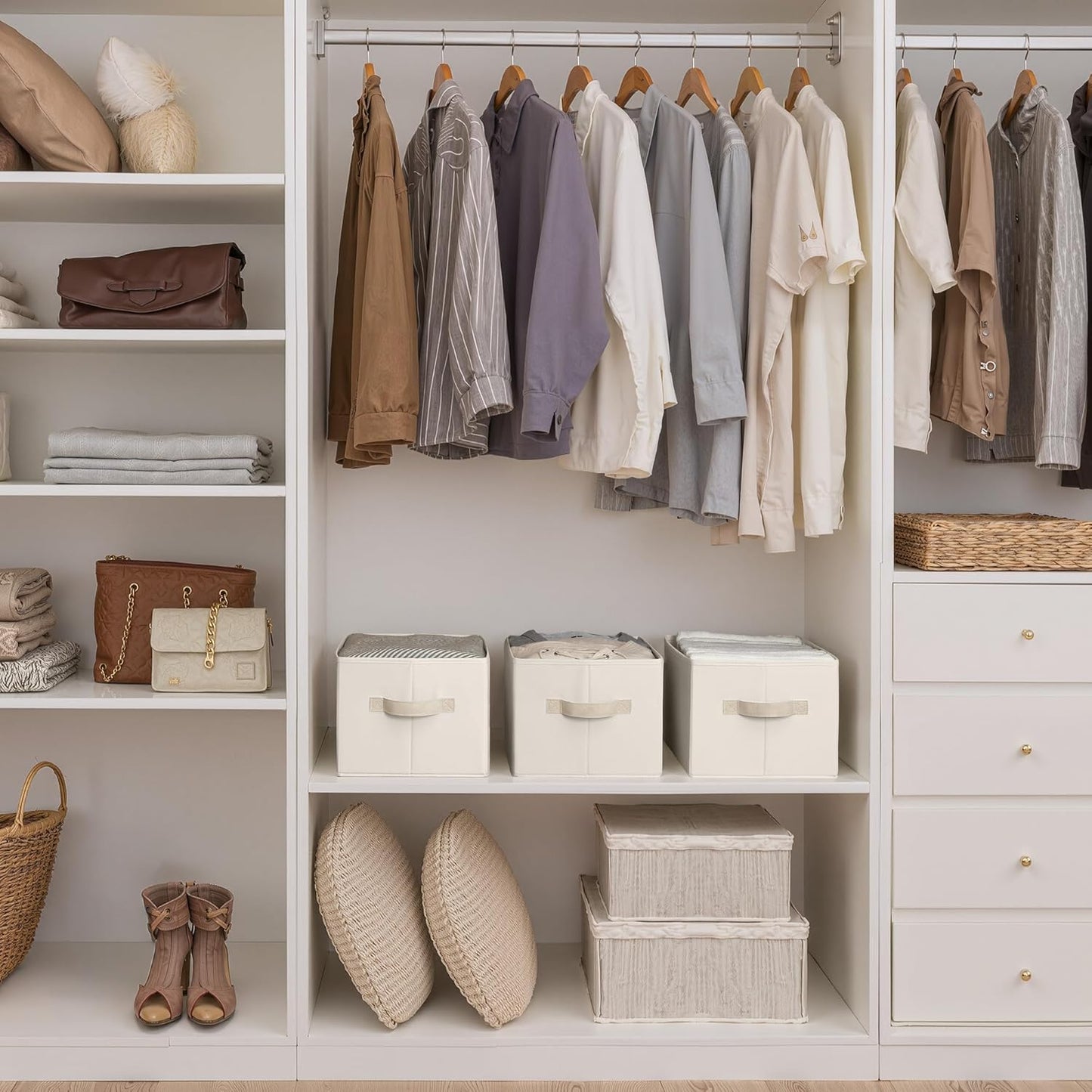 StorageWorks Storage Baskets for Shelves, Foldable Fabric Closet Storage Bins with Handles, Fabric Storage Bins Clothes Organizer, Beige, 3-Pack, Large