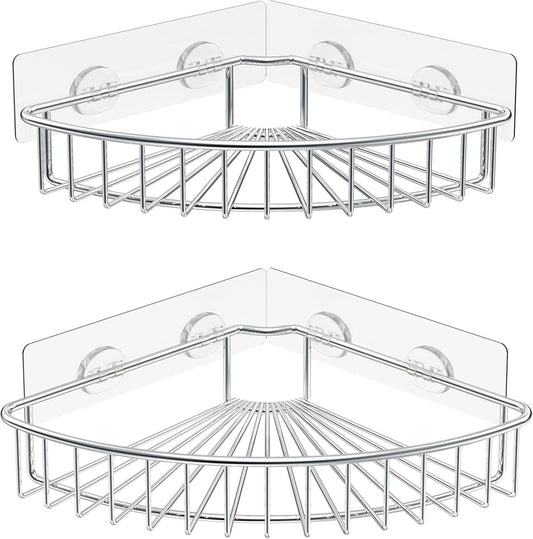 SMARTAKE 2-Pack Corner Shower Caddy, SUS304 Stainless Steel, Wall Mounted Bathroom Shelf with Adhesive, Storage Organizer for Toilet, Dorm and Kitchen (Silver)