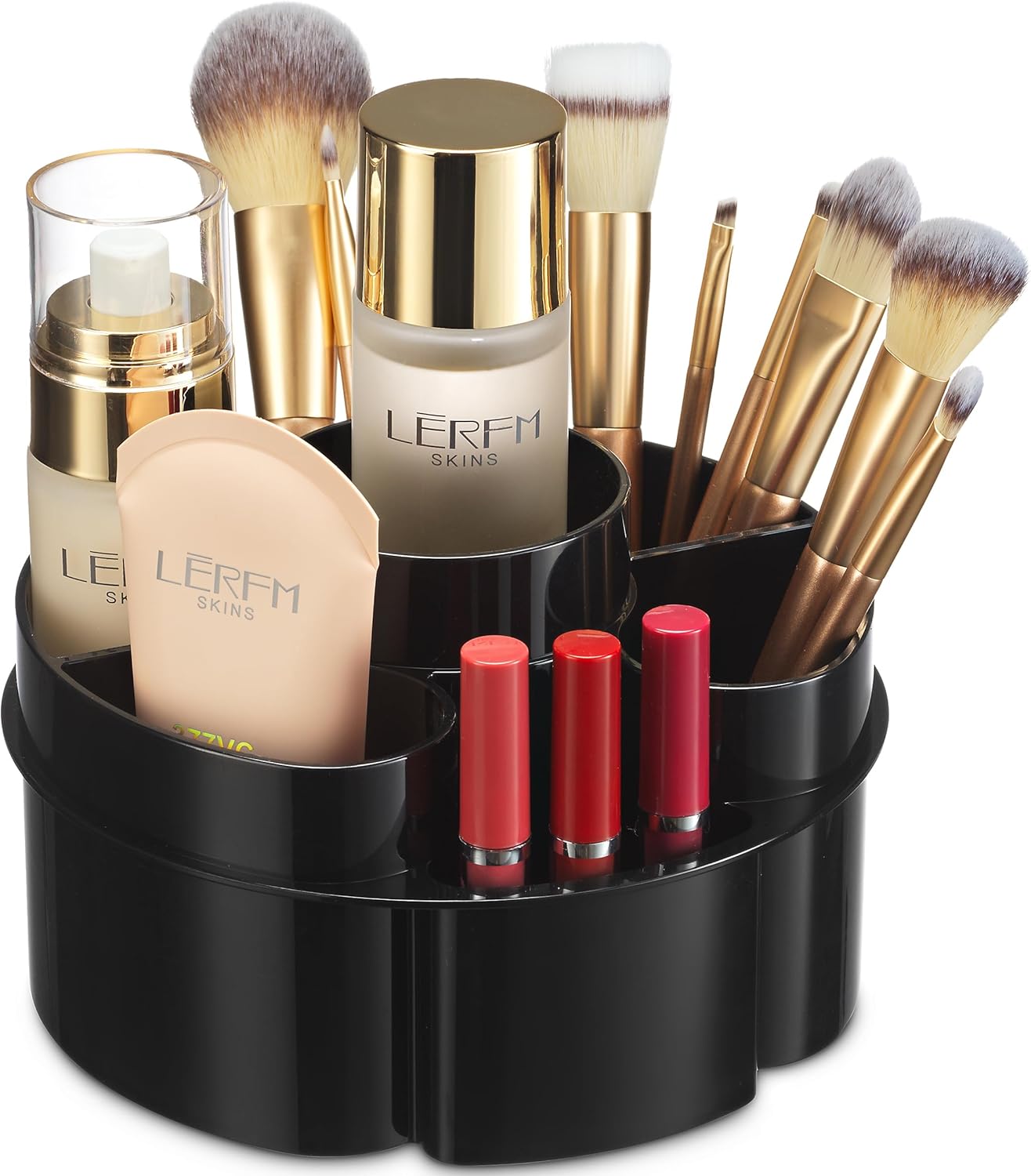 Masirs Small Rotating Makeup Organizer - Mini Yet Spacious Cosmetic Storage Solution with Multiple Compartments - The Perfect Spinning Make-Up Caddy for Vanity or Bathroom Counter (Round - Black)
