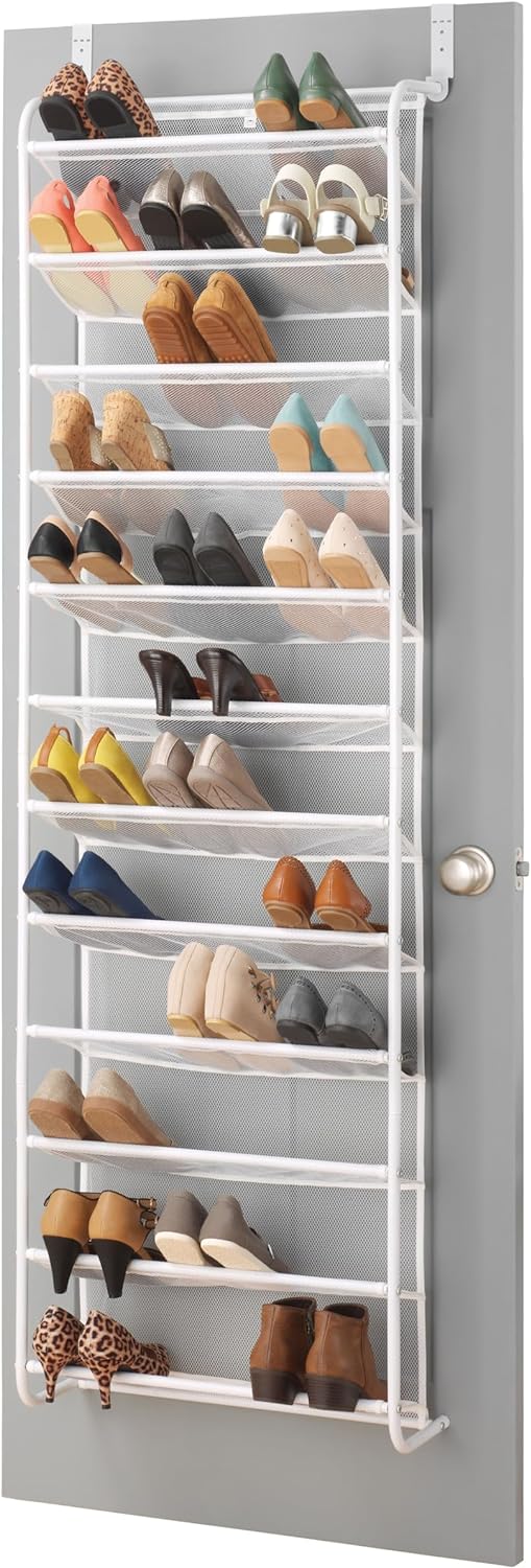Whitmor 36 Pair Over the Door Shoe Organizer, 12 Tier Hanging Shoe Organizer, Heavy Duty Metal & Mesh Shoe Holder, Hanging Shoe Rack for Closet Organizer & Storage, 69"L x 21.7"W x 7.5"H, White