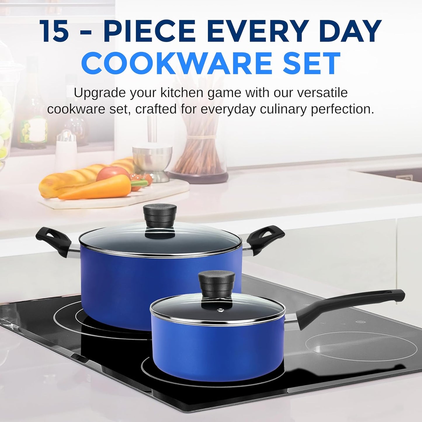 SereneLife 15-Pc Blue Nonstick Cookware Set, Heat-Resistant Pots & Pans Set with Lids, Dishwasher Safe, Includes Matching Utensils