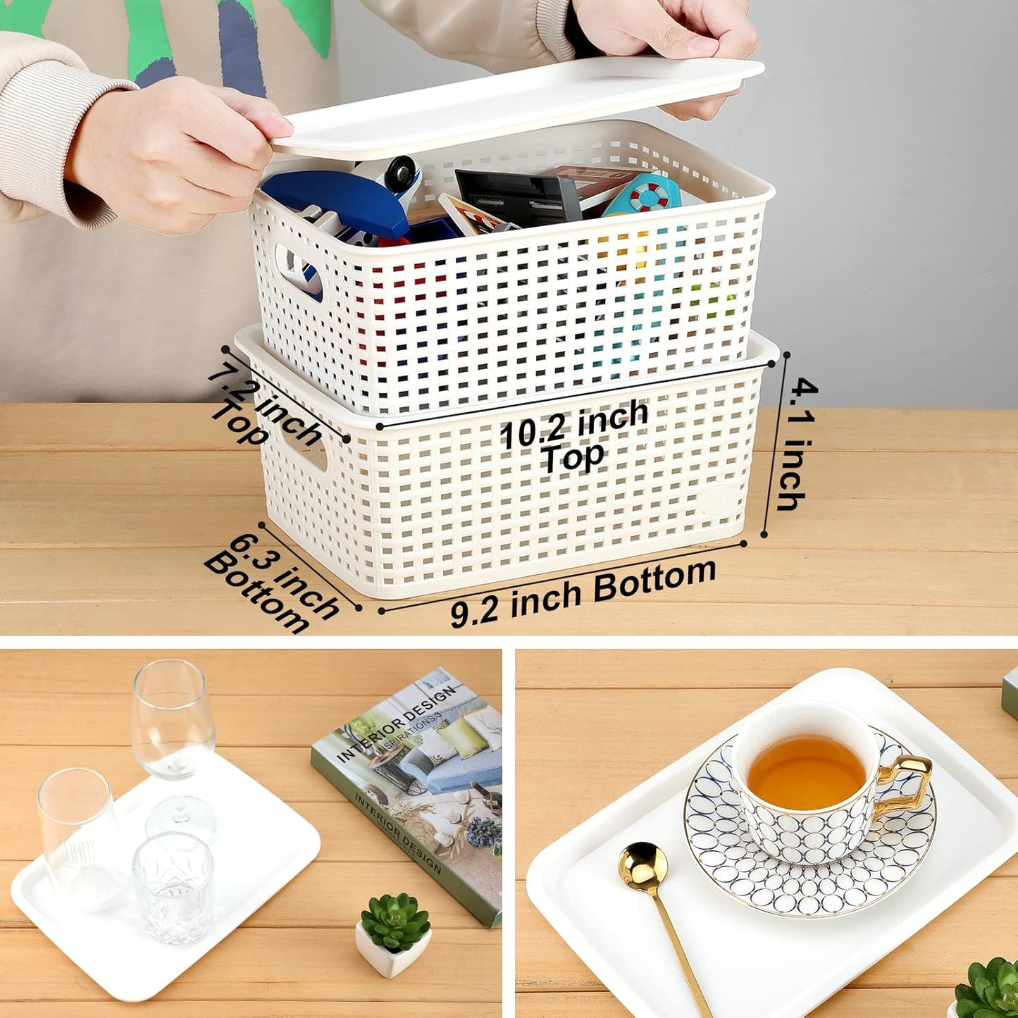 AREYZIN Plastic Storage Baskets With Lid Organizing Container Lidded Knit Storage Organizer Bins for Shelves Drawers Desktop Closet Playroom Classroom Office, White, 6 Pack