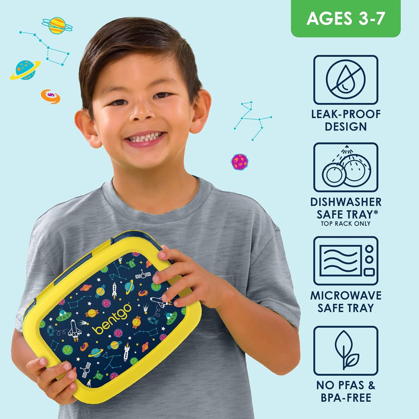 Bentgo Kids Prints Leak-Proof, 5-Compartment Bento-Style Kids Lunch Box - Ideal Portion Sizes for Ages 3-7, Durable, Drop-Proof, Dishwasher Safe, & PFAS & BPA-Free Materials (Space)