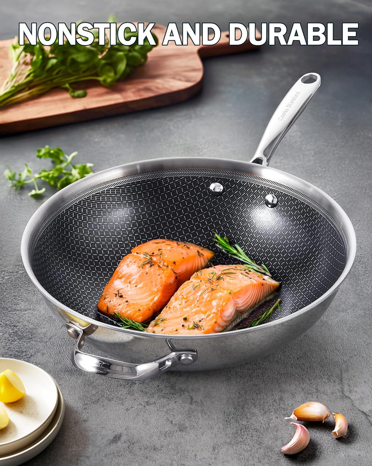 Cooks Standard 12-Inch Hybrid Nonstick Wok with Tempered Glass Lid, Multi-Ply Clad Stainless Steel Flat Bottom Wok Stit Fry Pan, Oven Safe, Induction Ready, Compatible with All Stovetops