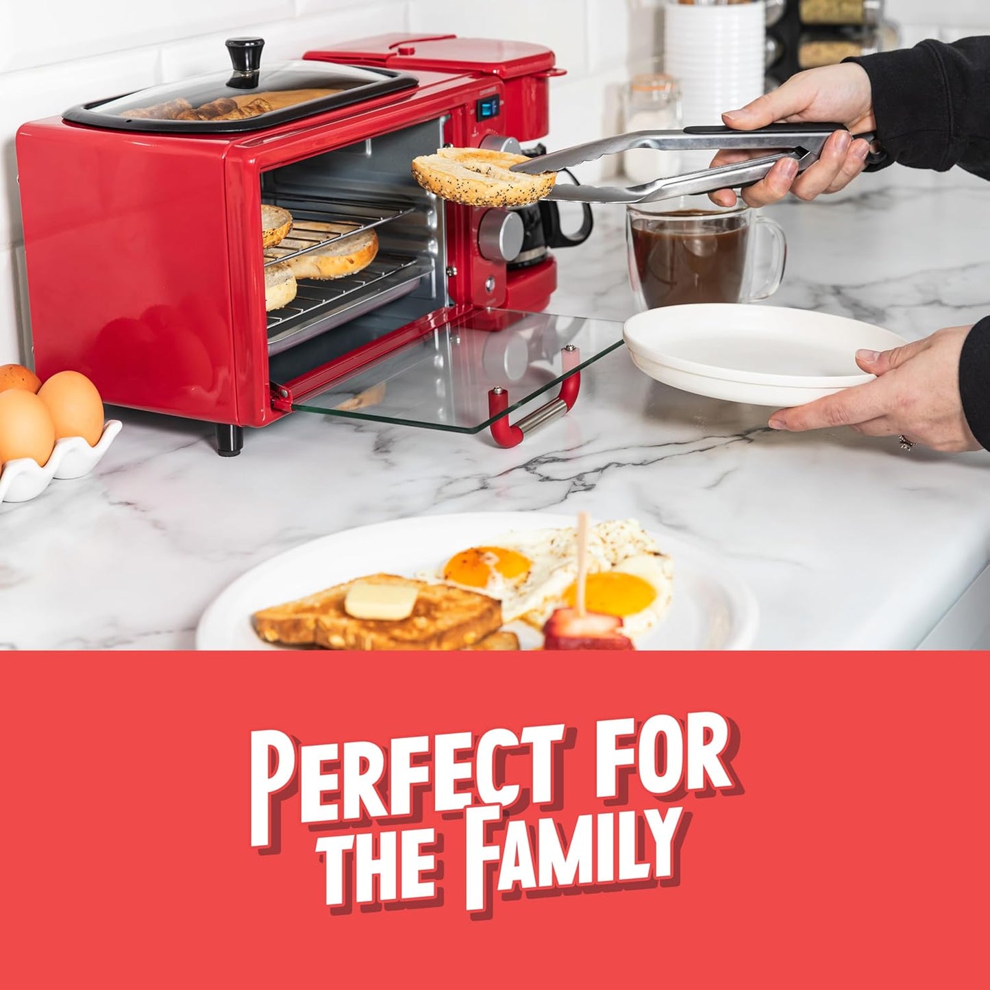Nostalgia 3-in-1 Retro Breakfast Station - Includes 5 Cup Coffee Maker, Non-Stick Ceramic Griddle, and 4-Slice Toaster Oven - Built-In Timer, Reusable Coffee Filter, Space-Saving Design - Red