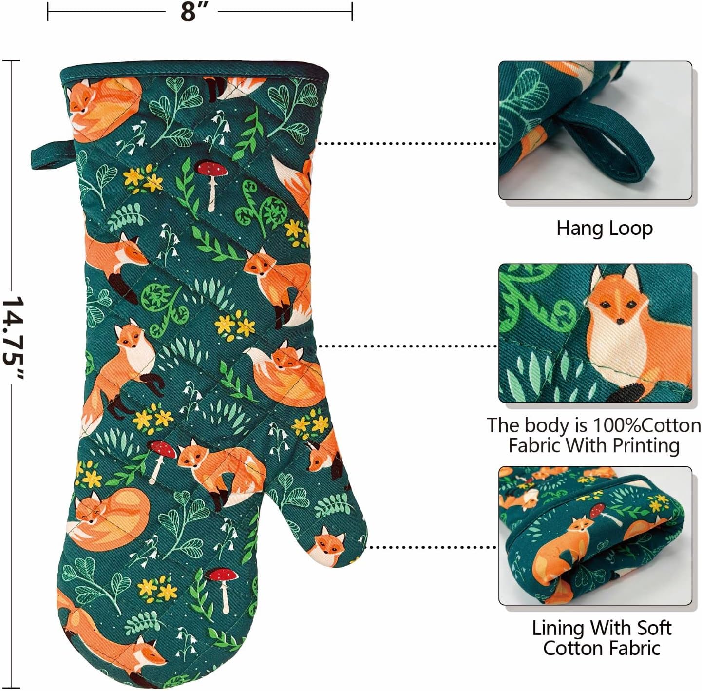 Oven Mitts Cotton Fashion Cute Fox Design 1 pair Heat Resistant Oven Gloves Safe Cooking Baking Grilling Barbecue Machine Washable (fox, oven mitts)