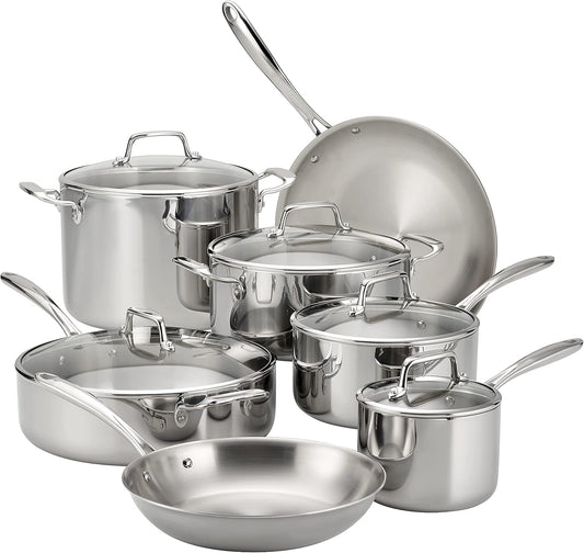 Tramontina Tri-Ply Clad Stainless Steel 12-Piece Cookware Set with Glass Lids, Pots and Pans Kitchen Set, Induction-Ready, Dishwasher-Safe, NSF-Certified