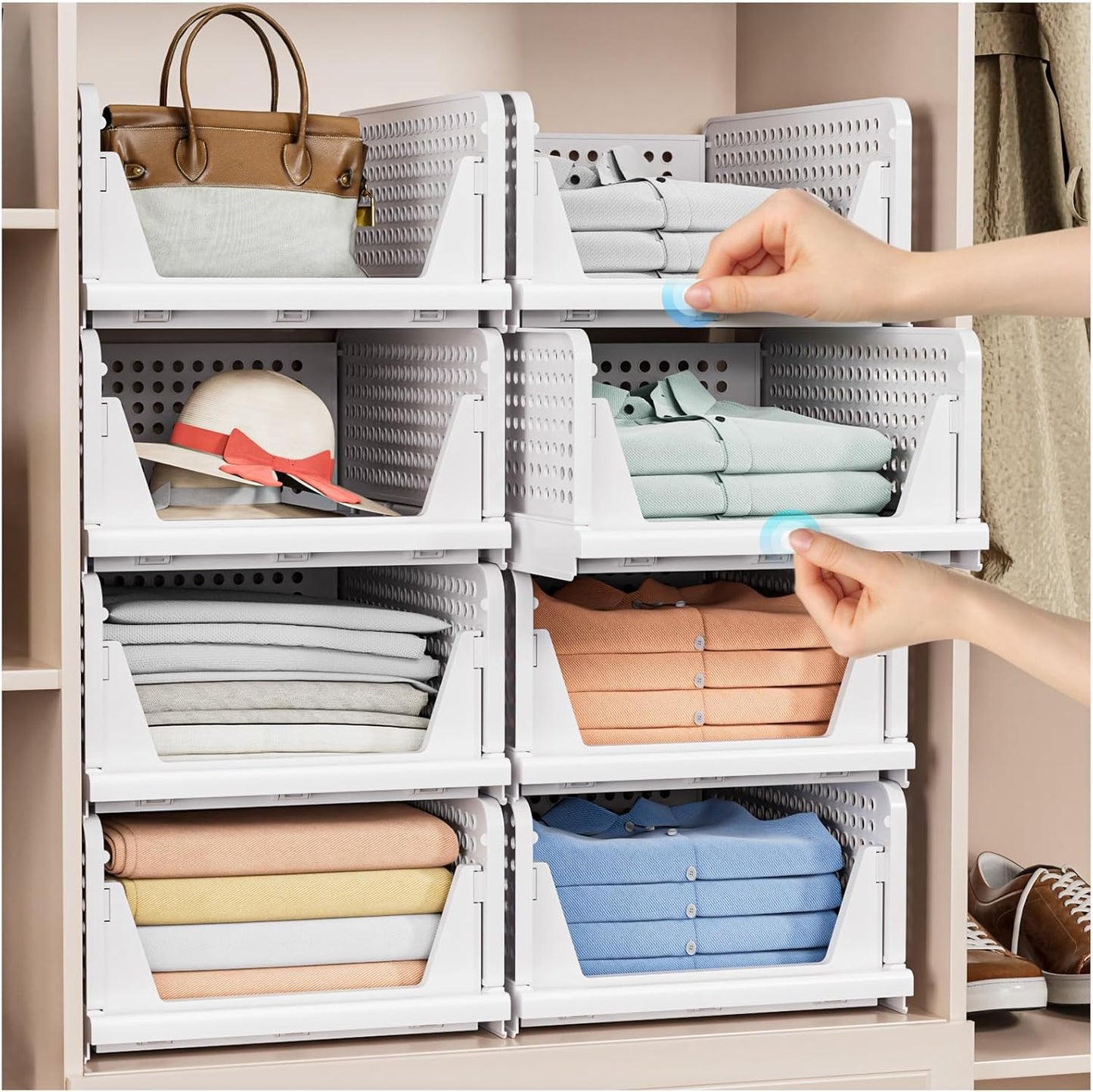 4 Pack Stackable Closet Storage Basket - Stackable Storage Bins, Multifunctional & Foldable Closet Organizer Divided, Wardrobe Cupboard Space-Saving Clothes Storage Hat Organizer, White