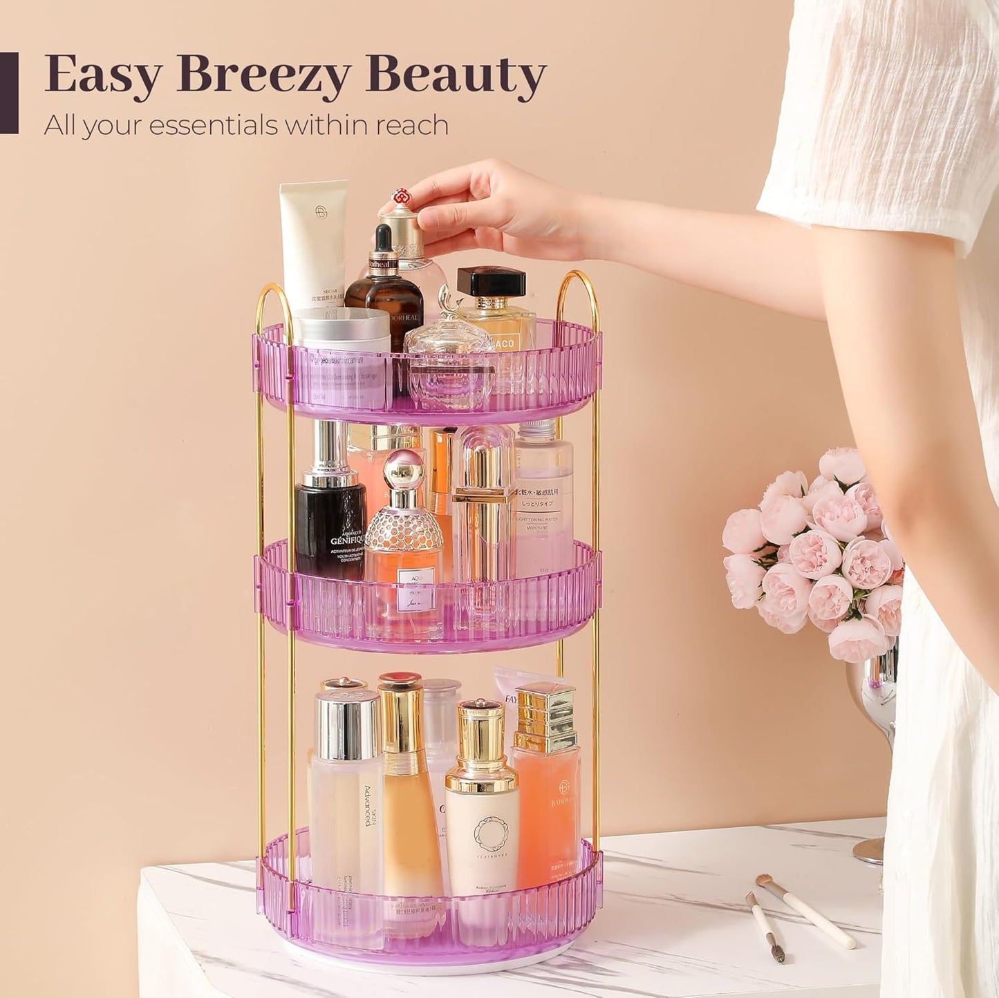 Aveniee Rotating Makeup Organizer for Vanity, Perfume Skincare Organizerss Large, Spinning Bathroom Counter Shelf Holder for Cosmetics, Skin Care, Lipsticks,3 Tiers, Purple